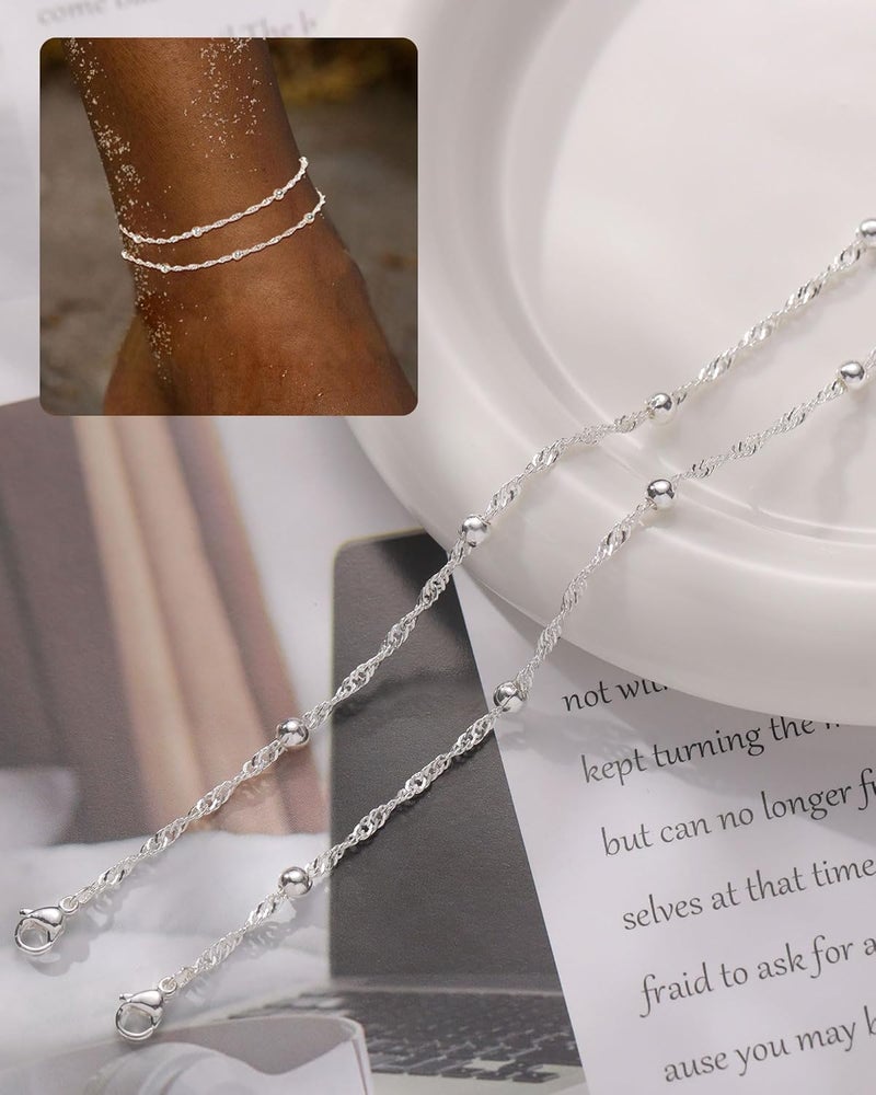 FUNEIA Gold Silver Ankle Bracelets for Women Waterproof 14K Gold Plated Anklets for Women Non Tarnish Dainty Layered Beaded Heart Anklet Set Summer Beach Foot Chain Jewelry Gifts Trendy Stuff - Image 2
